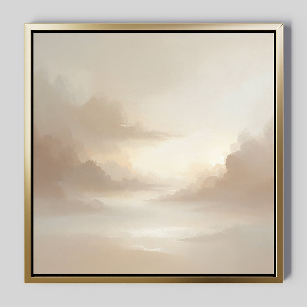 The Ethereal Veil Canvas Art - Square features a soft, dreamy sky with beige and cream clouds in a gold frame with black inner edge—perfect for adding serenity and elegance to any space.