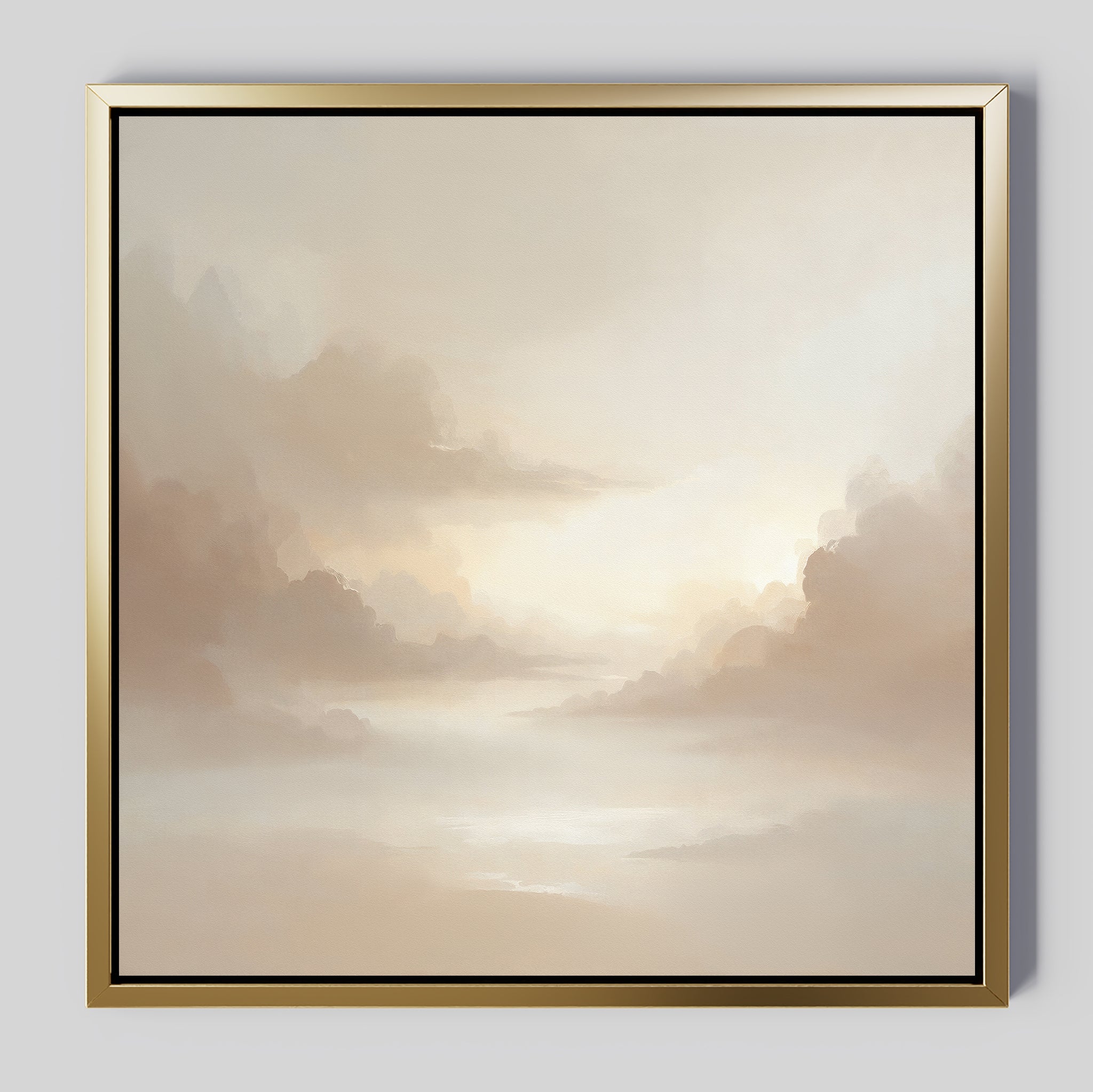 The Ethereal Veil Canvas Art - Square features a soft, dreamy sky with beige and cream clouds in a gold frame with black inner edge—perfect for adding serenity and elegance to any space.