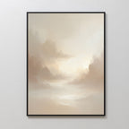 The Ethereal Veil Canvas Art - Vertical features a pastel-colored cloudy sky with gentle light, blending beige, cream, and light brown tones for a serene effect. Displayed on a plain white wall, it brings calm to any space.