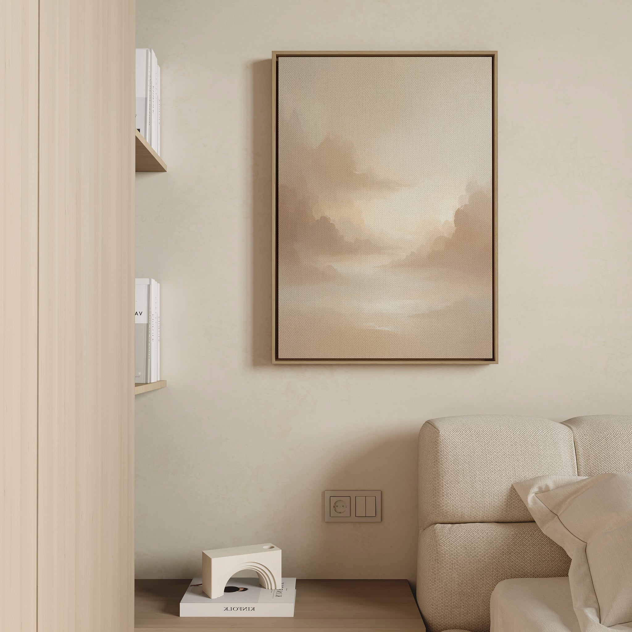 A neutral-toned living room corner with a beige sofa, the Ethereal Veil Canvas Art - Vertical on the wall, shelves with books, and an arch-shaped decorative floor object.