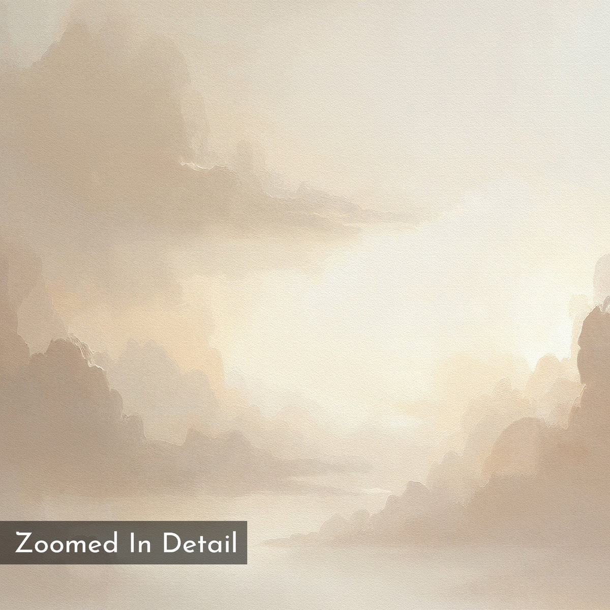 The Ethereal Veil Canvas Art - Vertical features a soft landscape in muted beige and cream, with hazy clouds and gentle light. Inspired by the tranquility of a Nordic park, it includes the text "Zoomed In Detail" in the lower left corner.