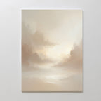 The Ethereal Veil Canvas Art - Vertical features soft beige and cream tones in a dreamy landscape with clouds and mist, creating an ethereal atmosphere. This serene artwork is displayed on a plain white wall.