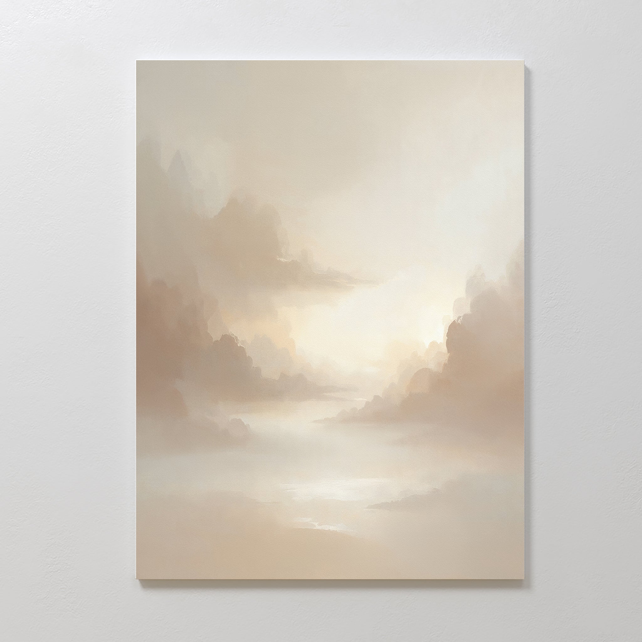The Ethereal Veil Canvas Art - Vertical features soft beige and cream tones in a dreamy landscape with clouds and mist, creating an ethereal atmosphere. This serene artwork is displayed on a plain white wall.