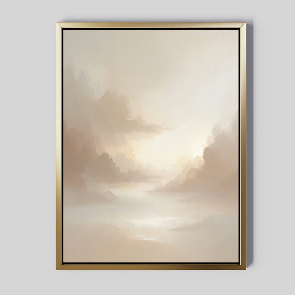 The Ethereal Veil Canvas Art - Vertical features a serene landscape of clouds and mist in neutral beige and cream with a gold frame, creating a calm, dreamy atmosphere. Ideal as a Nordic Park-inspired accent for your space.