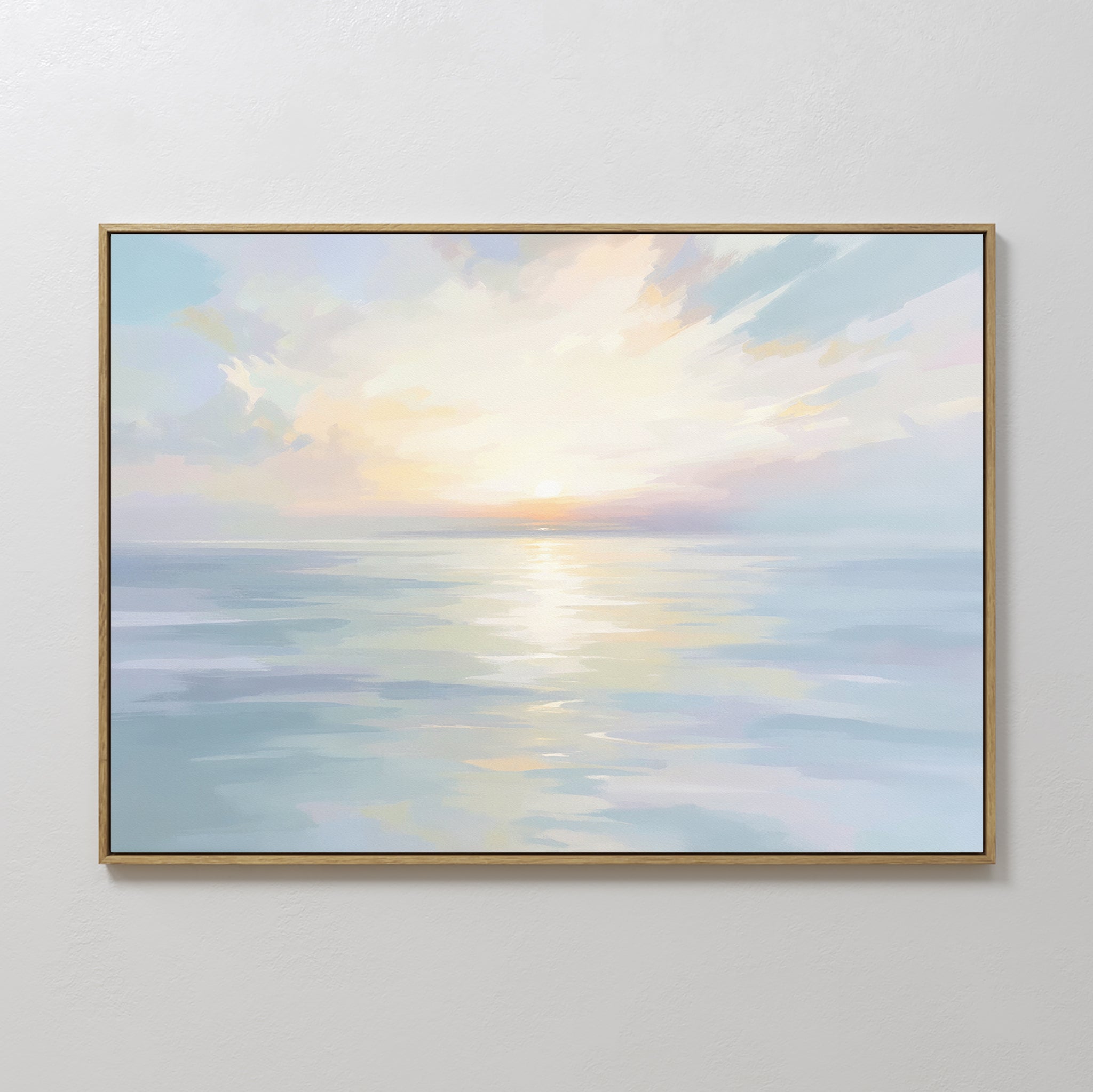 The Ethereal Waters Canvas Art - Horizontal is a framed coastal artwork depicting a serene seascape at sunrise or sunset, with soft pastel hues, gentle clouds, and sunlight reflecting on calm water.