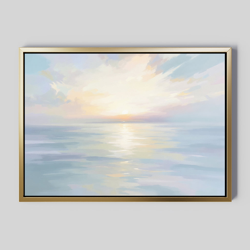 Elevate your space with Ethereal Waters Canvas Art - Horizontal, a framed seascape featuring soft pastels and gentle water reflections in a gold border—ideal for bringing serene sunrise or sunset vibes to any room.