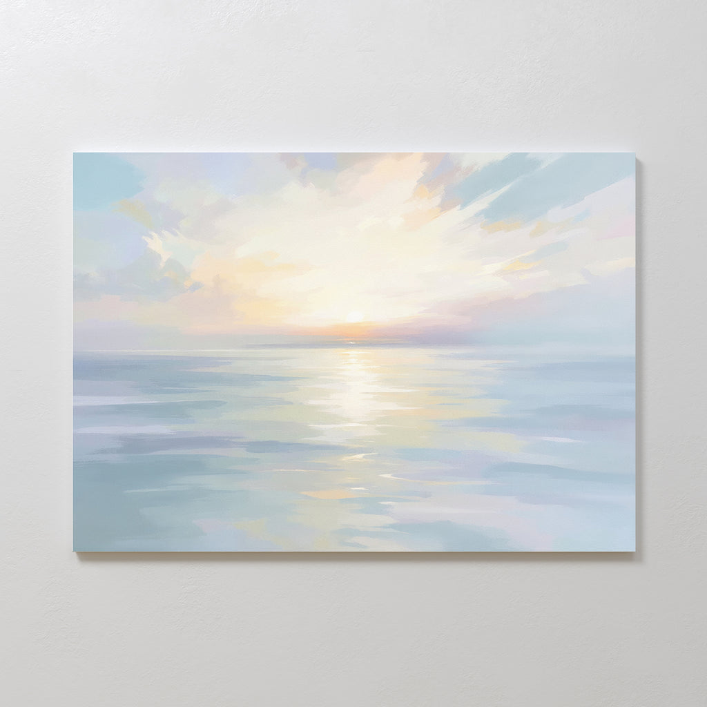 Ethereal Waters Canvas Art - Horizontal features a calm sea reflecting pastel sunrise or sunset hues, gentle clouds, and shimmering light on water. This serene wall art creates a peaceful atmosphere for any room.