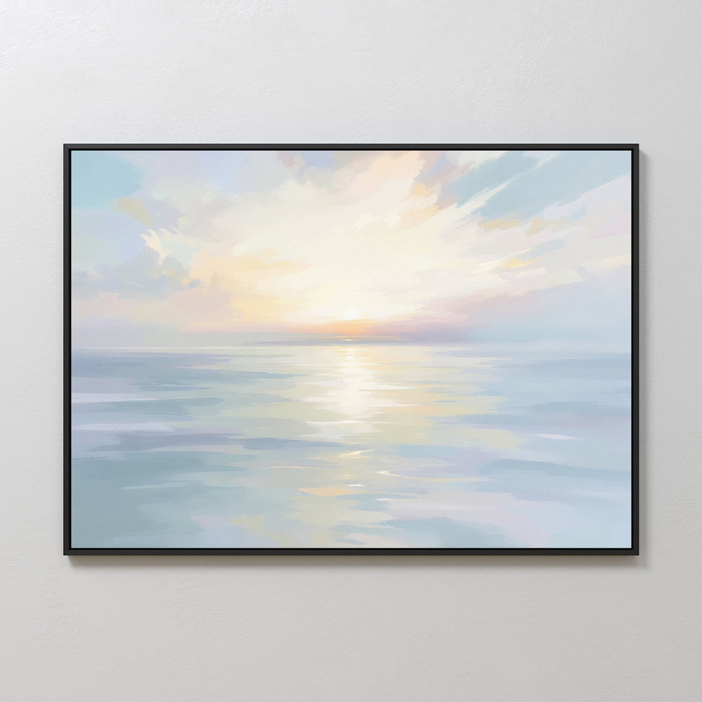 The Ethereal Waters Canvas Art - Horizontal showcases a tranquil ocean at sunrise or sunset with pastel skies and gentle reflections, creating a peaceful coastal vibe for any room.