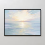The Ethereal Waters Canvas Art - Horizontal showcases a tranquil ocean at sunrise or sunset with pastel skies and gentle reflections, creating a peaceful coastal vibe for any room.