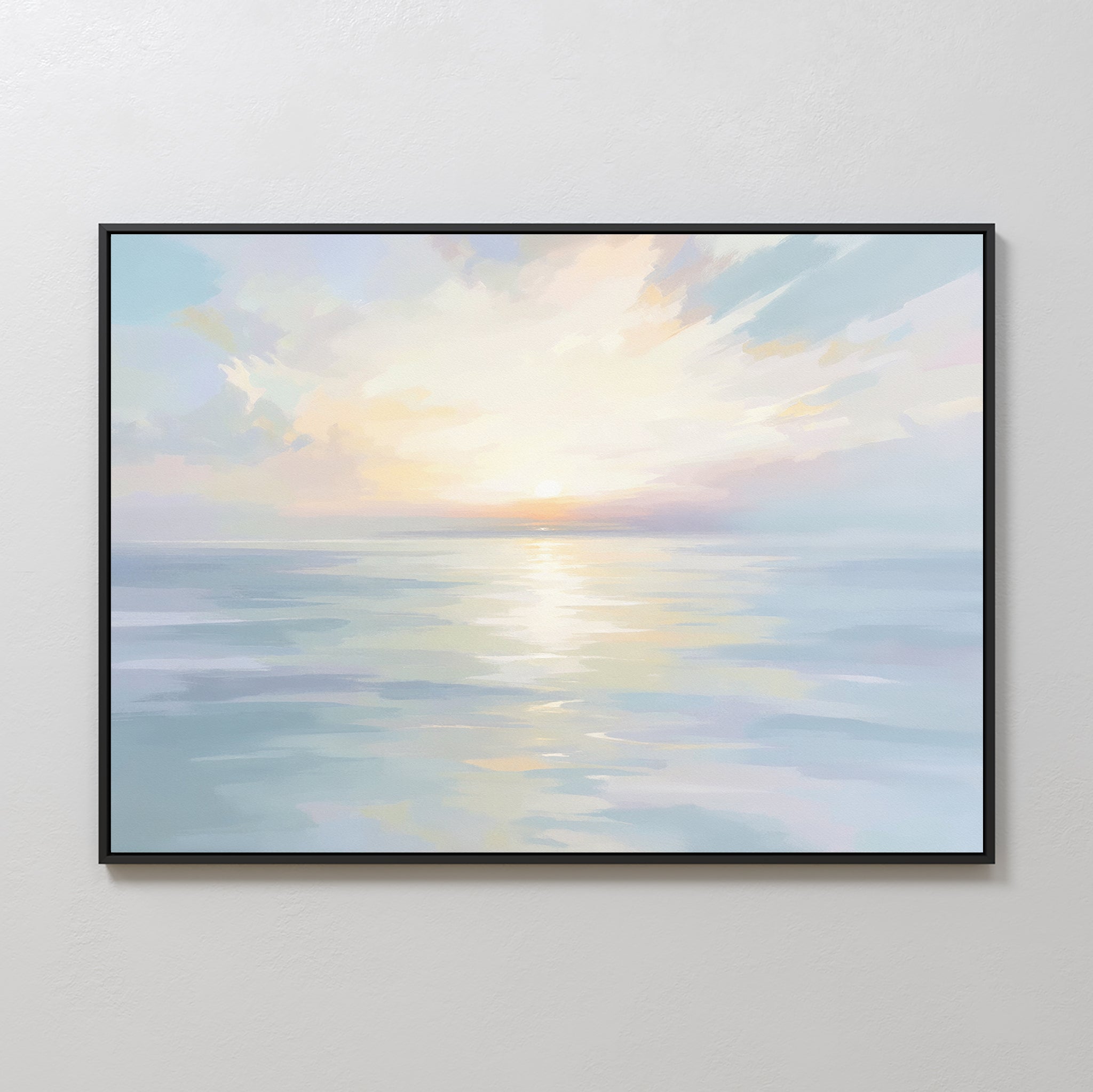The Ethereal Waters Canvas Art - Horizontal showcases a tranquil ocean at sunrise or sunset with pastel skies and gentle reflections, creating a peaceful coastal vibe for any room.