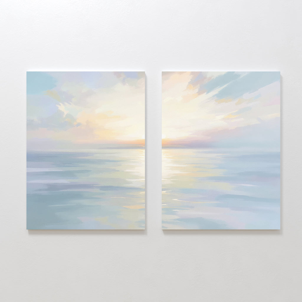 The "Ethereal Waters - Set of 2" features pastel seascape canvas prints of a tranquil sea and sky at sunset, with soft reflections and gentle clouds—perfect coastal artwork to create a serene atmosphere on any white wall.