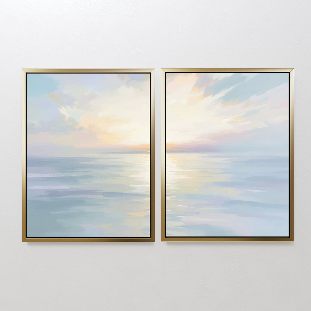 The "Ethereal Waters - Set of 2" features framed paintings of a serene seascape with calm water and a pastel sky in soft blue, yellow, and pink tones—ideal coastal artwork for creating tranquil spaces.