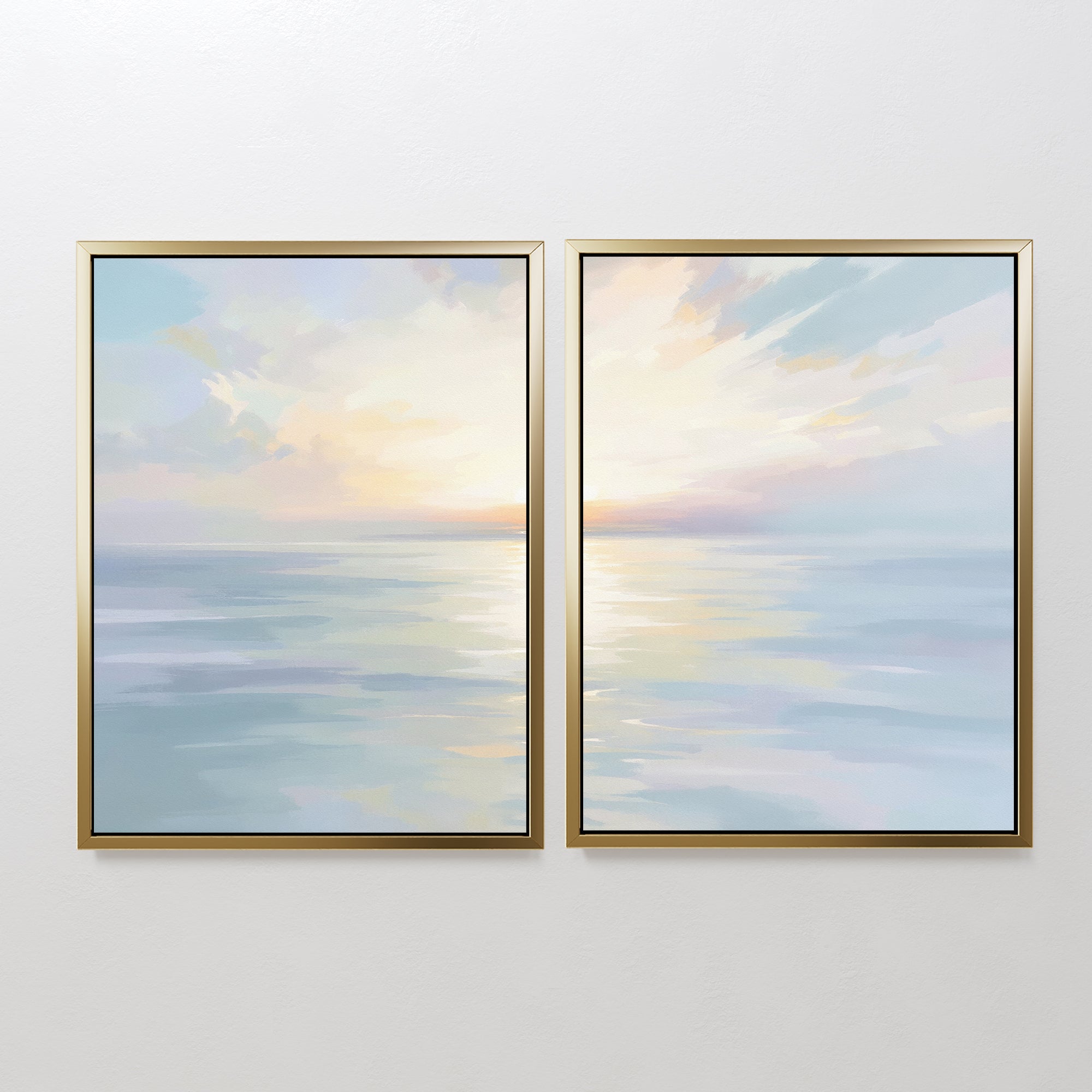 The "Ethereal Waters - Set of 2" features framed paintings of a serene seascape with calm water and a pastel sky in soft blue, yellow, and pink tones—ideal coastal artwork for creating tranquil spaces.