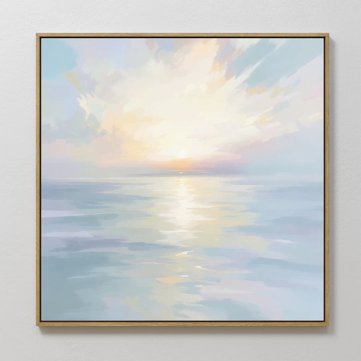 The Ethereal Waters Canvas Art - Square features a tranquil sunrise or sunset over calm water, with pastel hues and light clouds—a serene, framed wall art piece that adds calming beauty to any room.