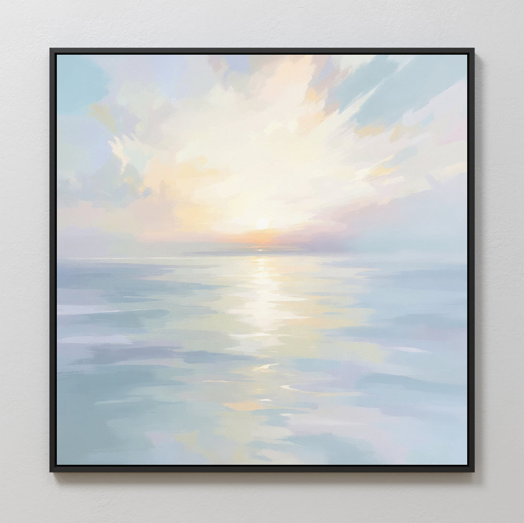 Enhance your space with the Ethereal Waters Canvas Art - Square, a framed seascape print showcasing serene coastal scenery at sunrise or sunset, soft pastel skies, and gentle reflections—ideal for tranquil wall art.