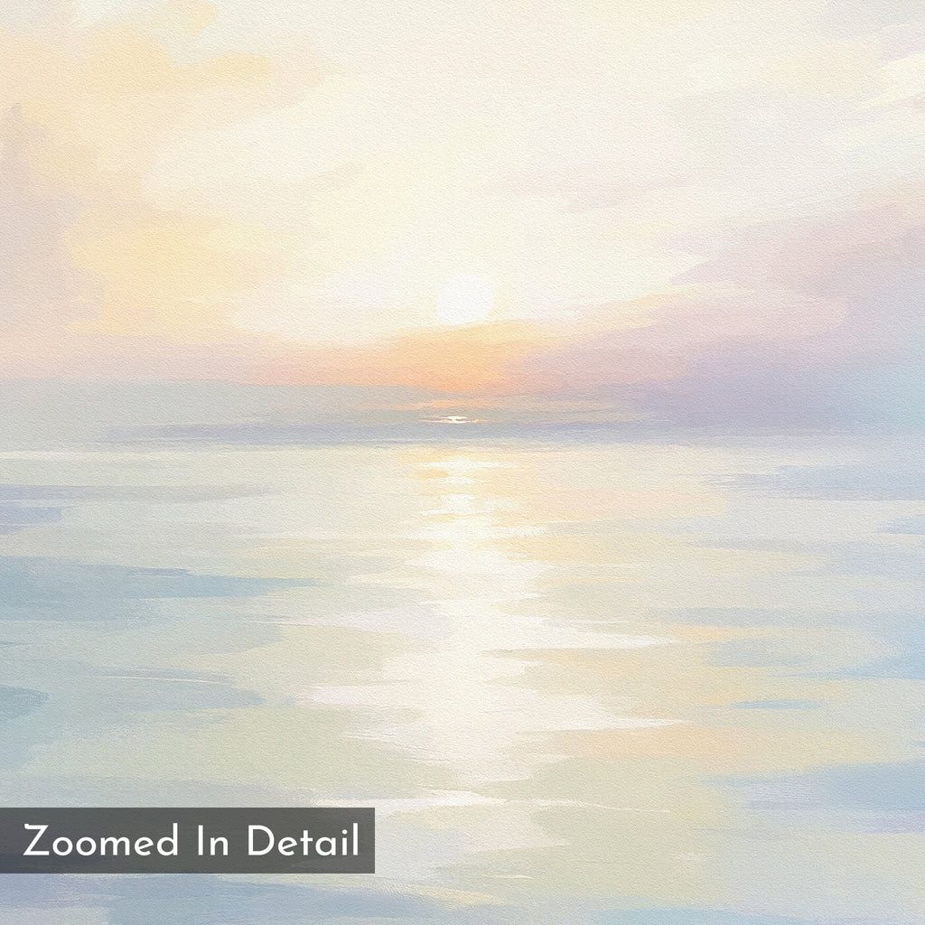 Ethereal Waters Canvas Art - Square features a soft, pastel seascape with gentle waves and serene sunrise or sunset hues. "Zoomed In Detail" text in the bottom left makes it ideal tranquil wall art for any coastal-inspired décor.