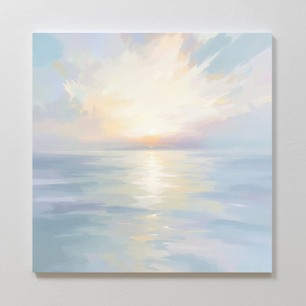 Transform your space with "Ethereal Waters Canvas Art - Square," featuring a pastel seascape of a calm ocean at sunrise. Gentle clouds and glowing light create a peaceful atmosphere, perfect for adding tranquil charm to any room.