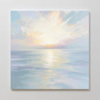 Transform your space with "Ethereal Waters Canvas Art - Square," featuring a pastel seascape of a calm ocean at sunrise. Gentle clouds and glowing light create a peaceful atmosphere, perfect for adding tranquil charm to any room.