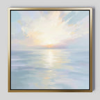 Ethereal Waters Canvas Art - Square features a serene sunrise or sunset, with soft pastel hues reflecting on calm water and gentle clouds—a tranquil framed seascape print that adds peaceful wall art to any room.