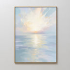 The Ethereal Waters Canvas Art - Vertical features a tranquil sunrise or sunset with soft pastel tones and gentle brushstrokes, capturing a glowing sun over calm water beneath a partly cloudy sky—perfect coastal decor for serene spaces.