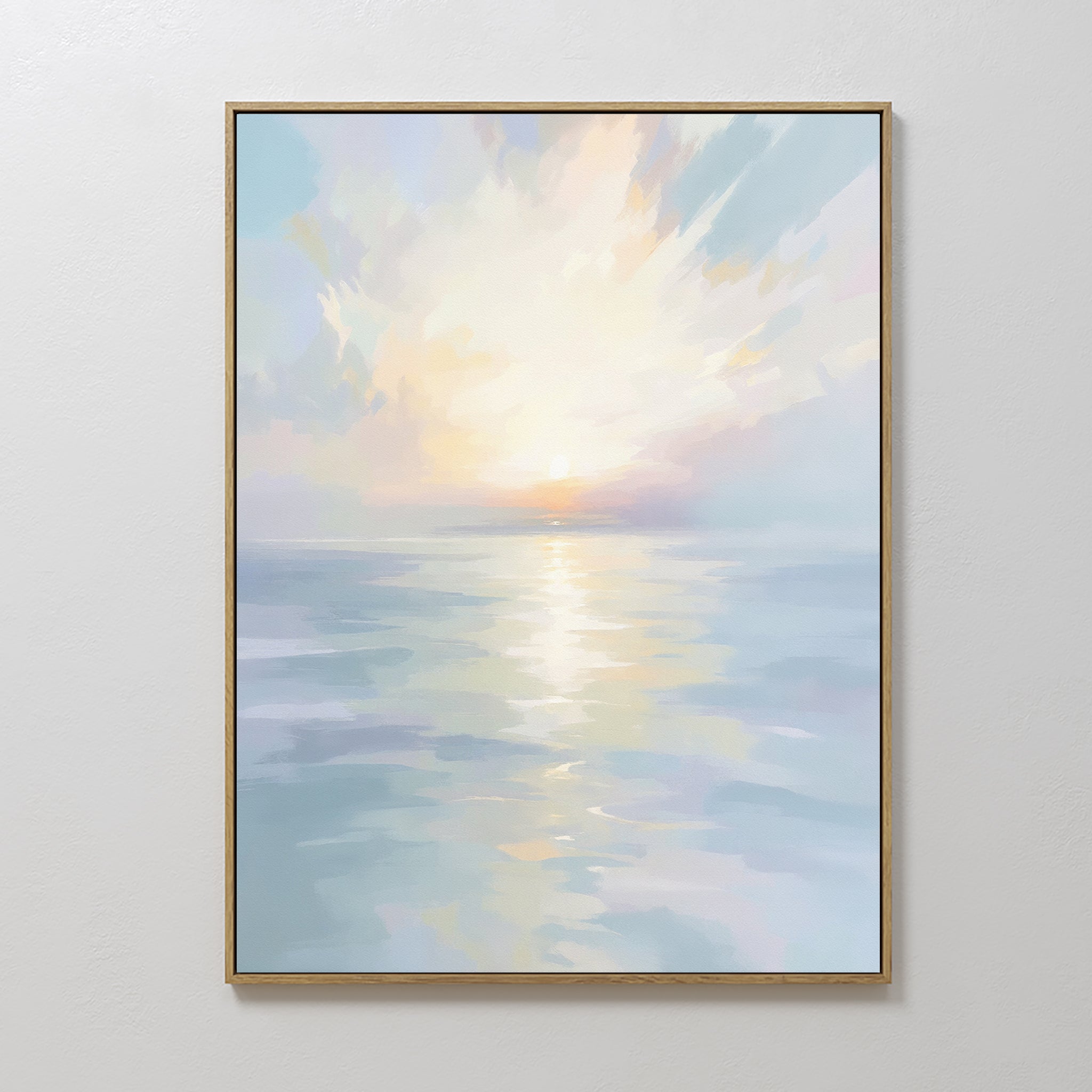 The Ethereal Waters Canvas Art - Vertical features a tranquil sunrise or sunset with soft pastel tones and gentle brushstrokes, capturing a glowing sun over calm water beneath a partly cloudy sky—perfect coastal decor for serene spaces.