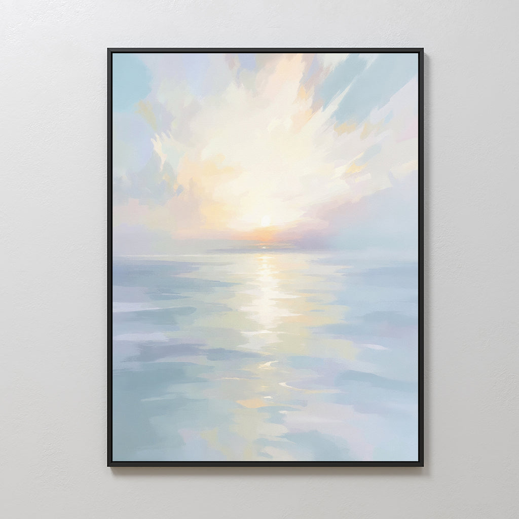 The Ethereal Waters Canvas Art - Vertical showcases a serene seascape with soft pastel tones, gentle reflections, and a tranquil sky—perfect framed wall decor to bring calm to any room.