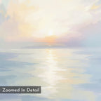 The Ethereal Waters Canvas Art - Vertical features a soft pastel seascape of sunrise or sunset over calm water, with warm yellow and pink tones blending into cool blues. "Zoomed In Detail" appears in the bottom left corner.