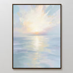 Ethereal Waters Canvas Art - Vertical features an abstract seascape with soft pastel hues on calm water at sunrise or sunset, a bright sun near the horizon, and a thin, dark frame.