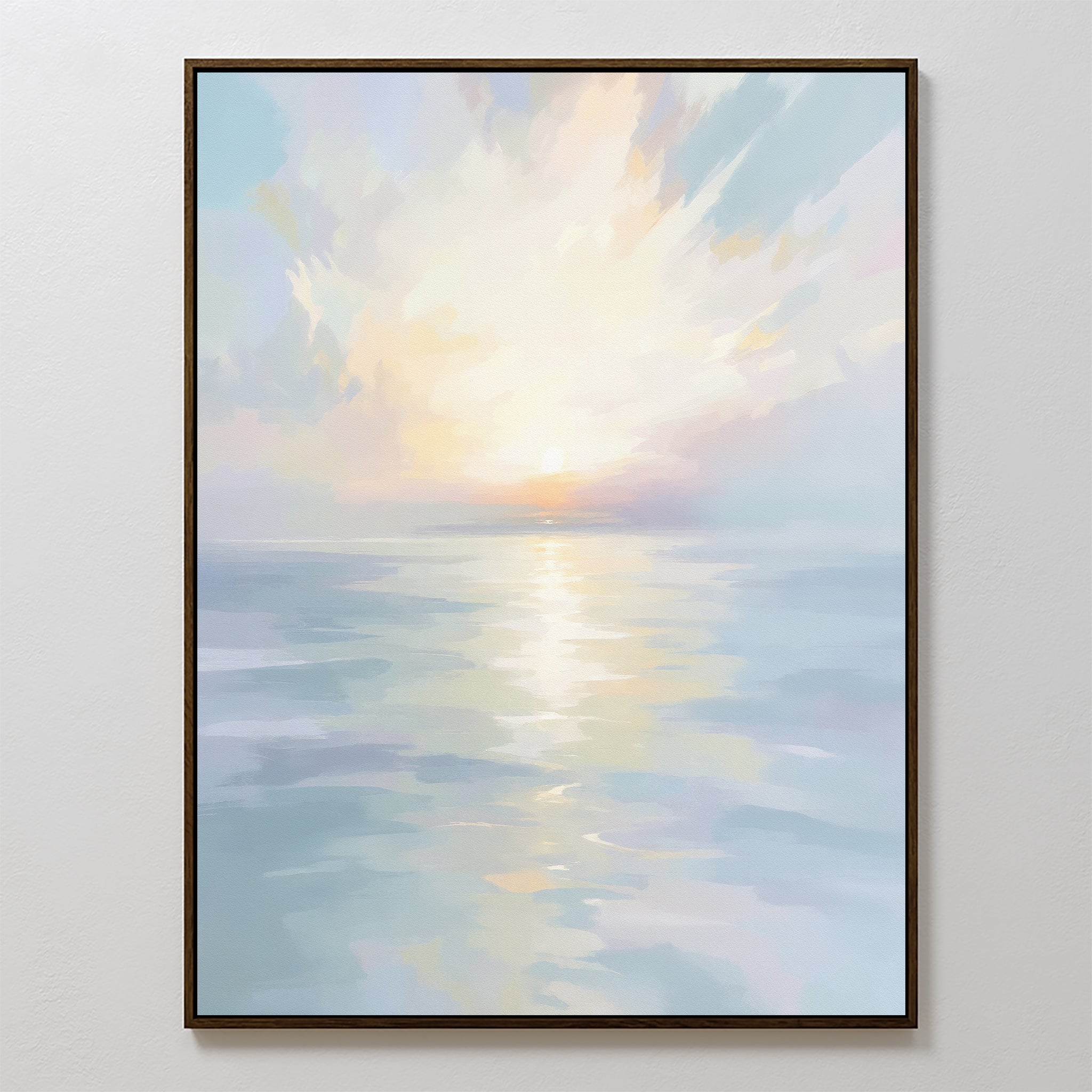 Ethereal Waters Canvas Art - Vertical features an abstract seascape with soft pastel hues on calm water at sunrise or sunset, a bright sun near the horizon, and a thin, dark frame.