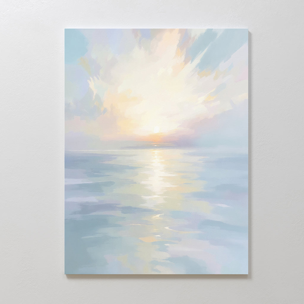 Bring tranquility to your space with the Ethereal Waters Canvas Art - Vertical, featuring a serene impressionist seascape at sunrise or sunset in soft pastel tones and a glowing sun, ideal for creating a peaceful atmosphere.