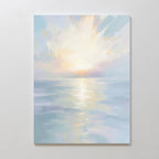 Bring tranquility to your space with the Ethereal Waters Canvas Art - Vertical, featuring a serene impressionist seascape at sunrise or sunset in soft pastel tones and a glowing sun, ideal for creating a peaceful atmosphere.
