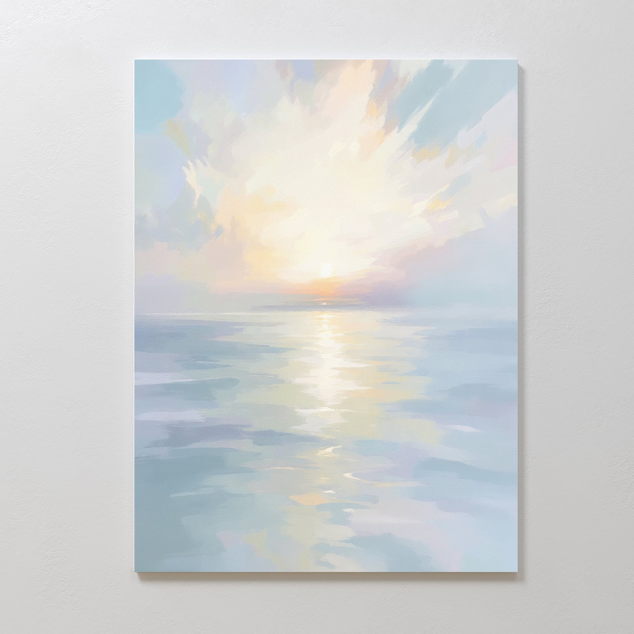 Bring tranquility to your space with the Ethereal Waters Canvas Art - Vertical, featuring a serene impressionist seascape at sunrise or sunset in soft pastel tones and a glowing sun, ideal for creating a peaceful atmosphere.