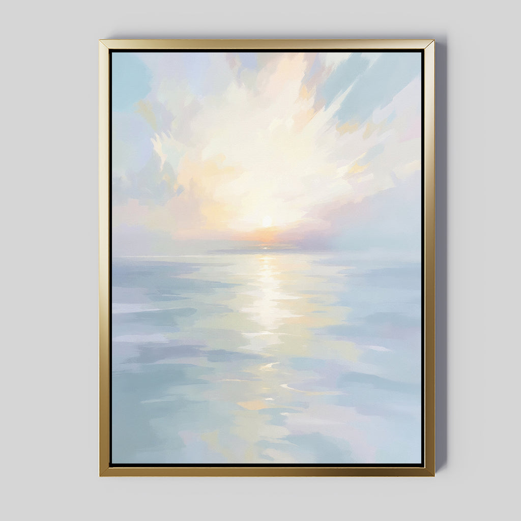 The Ethereal Waters Canvas Art - Vertical adds tranquil coastal beauty to a plain light gray wall with its serene pastel seascape and gentle sunlight reflections.