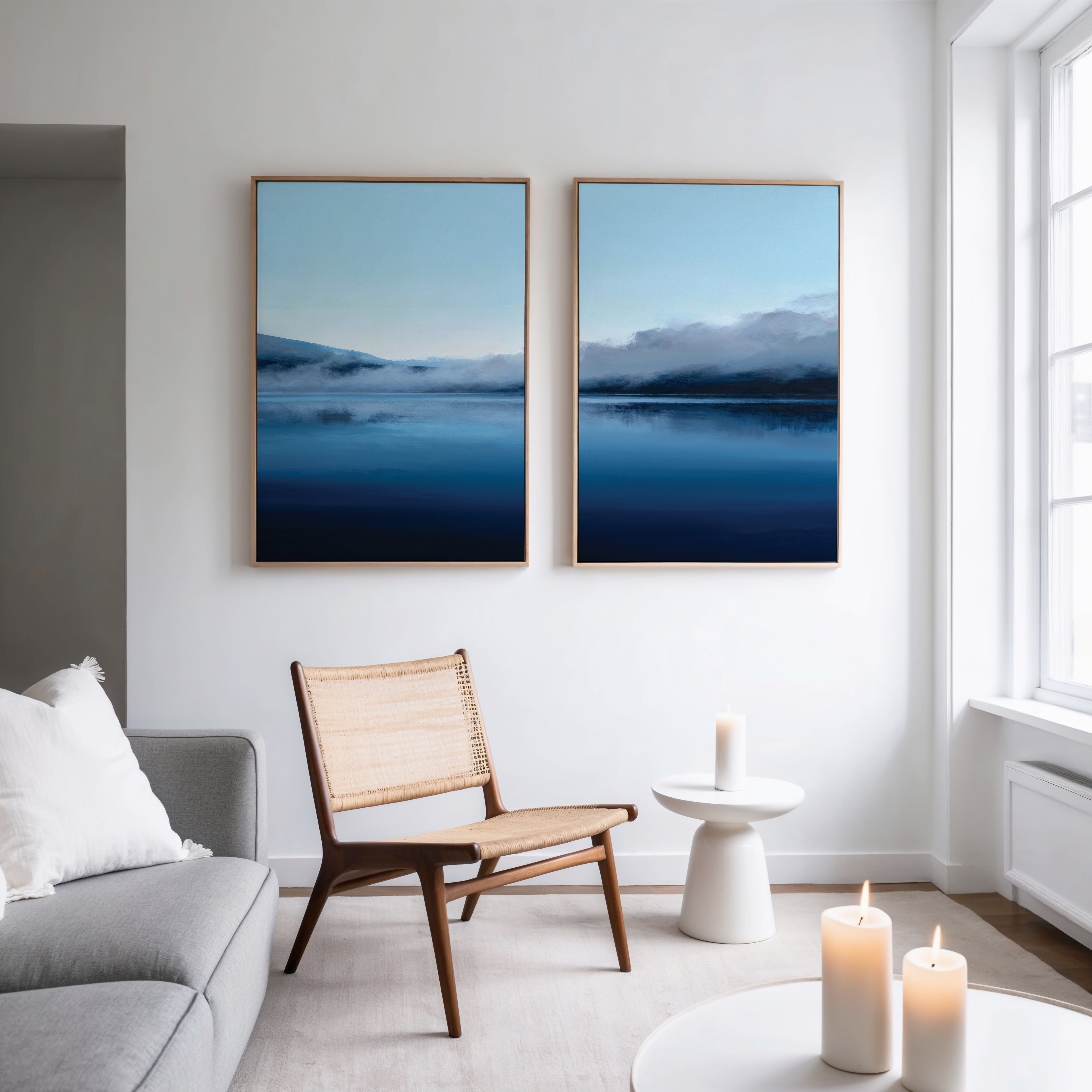 A bright, modern living room features a gray sofa, woven chair, small round table with lit candles, and Fjord Mist - Set Of 2 artwork hanging on the wall. Candles also light up the windowsill.