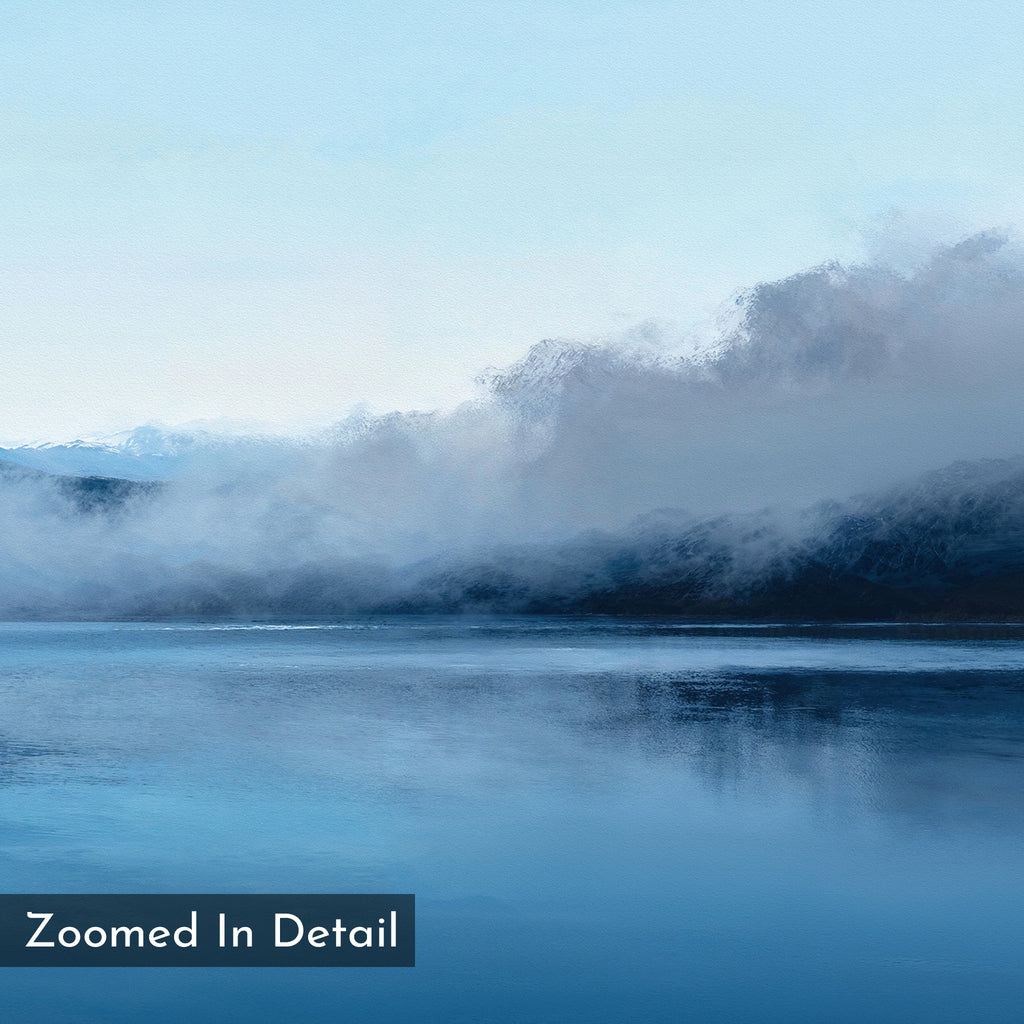 The Fjord Mist Canvas Art - Square features a serene lakeside with mist over dark hills and calm blue water beneath a pale sky, perfect as Nordic wall art. "Zoomed In Detail" is labeled in the corner.
