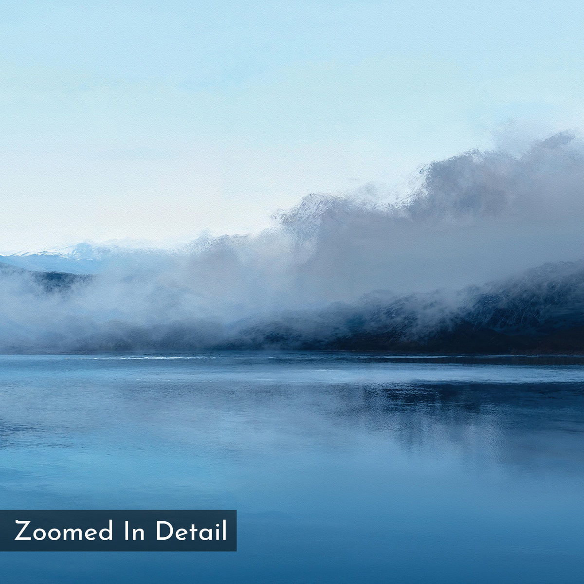 The Fjord Mist Canvas Art - Square features a serene lakeside with mist over dark hills and calm blue water beneath a pale sky, perfect as Nordic wall art. "Zoomed In Detail" is labeled in the corner.