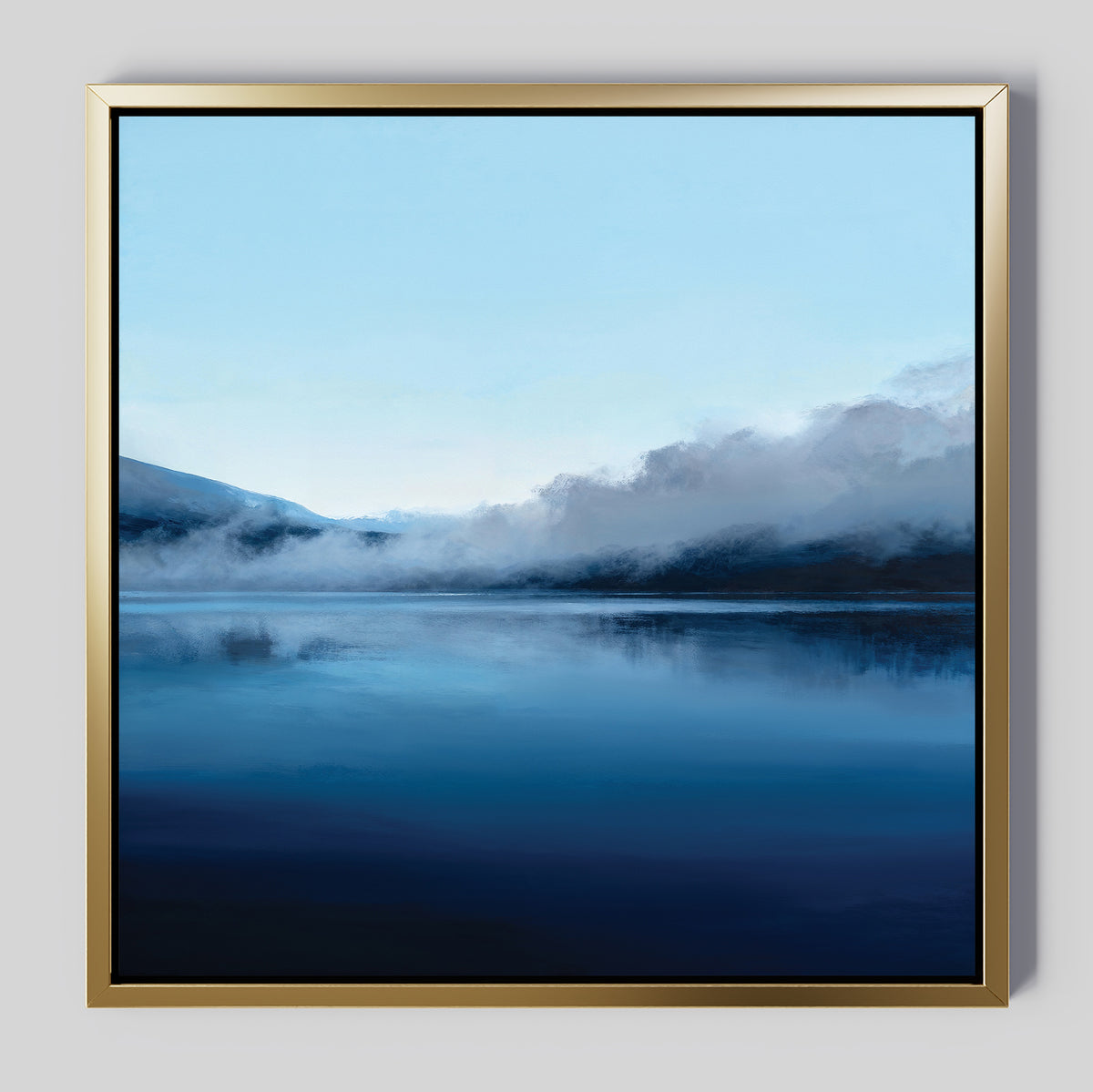 Fjord Mist Canvas Art - Square: a framed serene landscape print of a calm blue lake with misty mountains, soft clouds, and clear sky—ideal Nordic wall art for tranquil bedroom decor.