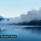 A serene lake mirrors misty mountains beneath a clear sky, soft clouds drifting above the water. The detailed painterly texture of Fjord Mist Canvas Art - Vertical makes it ideal tranquil wall art. "Zoomed In Detail" appears in the lower left corner.