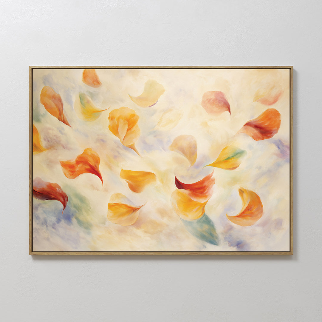 The Floating Petals Canvas Art - Horizontal features colorful, abstract petals or leaves drifting on a dreamy cream, yellow, orange background with hints of green and blue—perfect for adding organic elegance to your space.