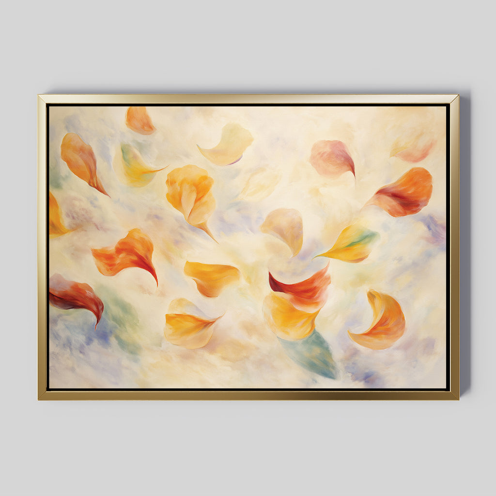 Floating Petals Canvas Art - Horizontal features swirling orange, yellow, green, and blue petals on a soft pale background with a gold frame—bringing organic elegance and vibrant beauty to your space in a captivating canvas print.