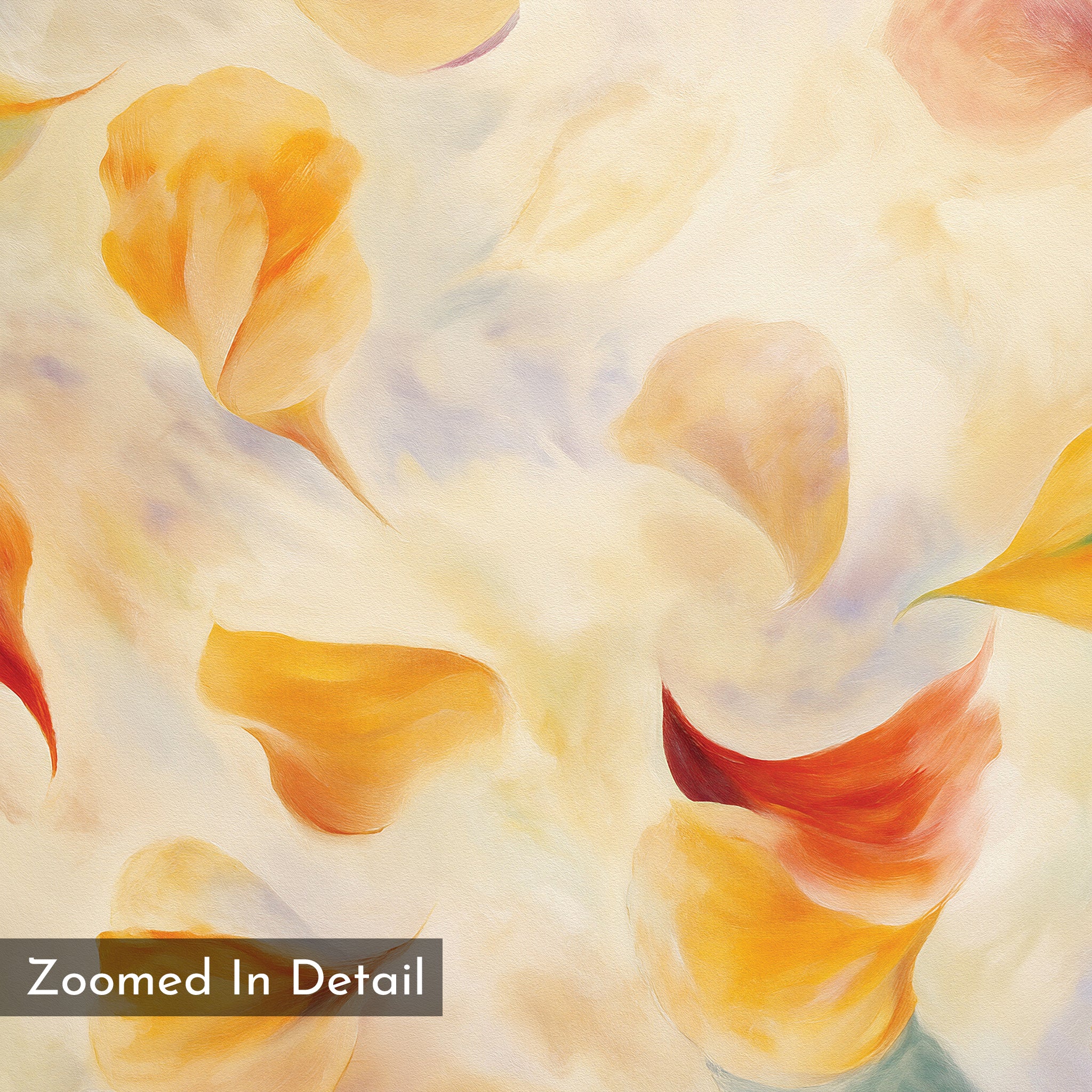 Floating Petals Canvas Art – Horizontal features soft, swirling orange and yellow petals on a light background, with floating details and subtle hints of purple and blue for a smooth, dreamy effect. A “Zoomed In Detail” label appears in the corner.
