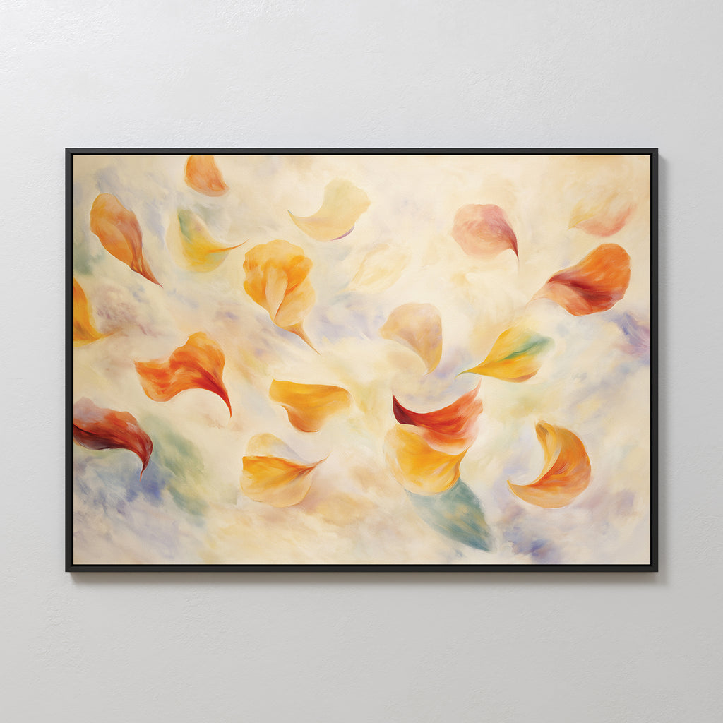 The Floating Petals Canvas Art - Horizontal features abstract swirling petals in orange, yellow, and green on a soft background, bringing organic elegance and gentle movement to any space.