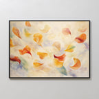 The Floating Petals Canvas Art - Horizontal features abstract swirling petals in orange, yellow, and green on a soft background, bringing organic elegance and gentle movement to any space.