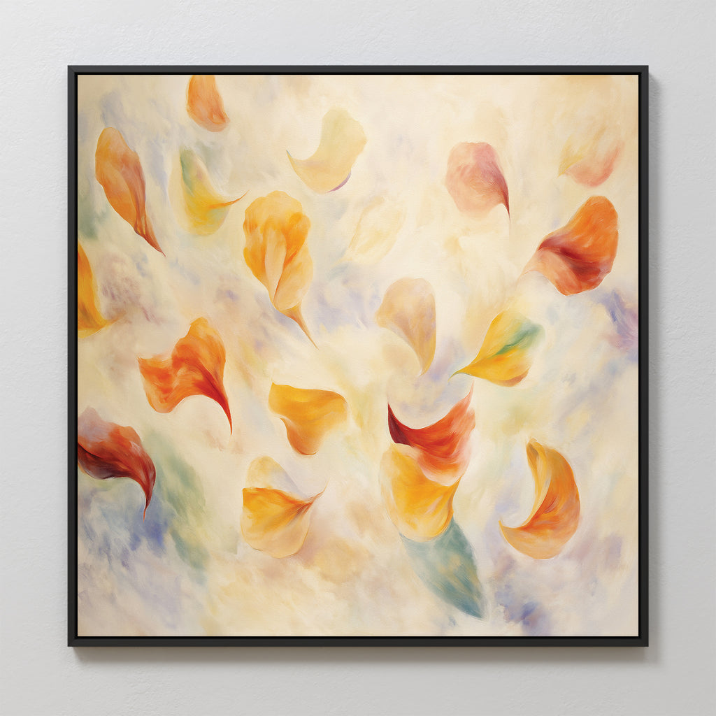 The Floating Petals Canvas Art - Square features swirling yellow, orange, and red petals against a pastel, cloudy background, bringing lightness and movement to any space.