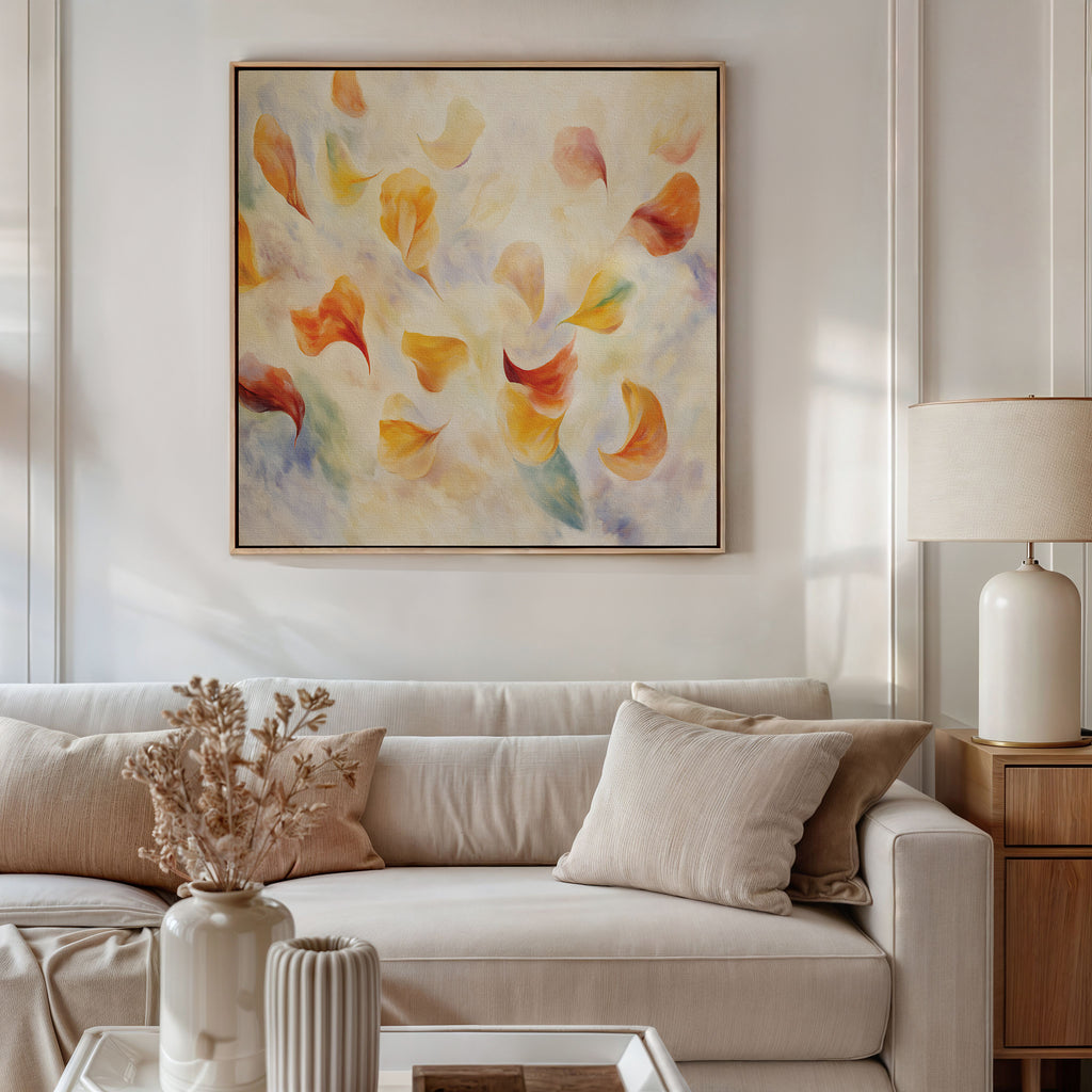 A modern living room with a white sofa, beige pillows, and a wooden side table with a white lamp. Dried flowers in a vase and the Floating Petals Canvas Art - Square in warm yellow, orange, and red bring organic elegance to the space.