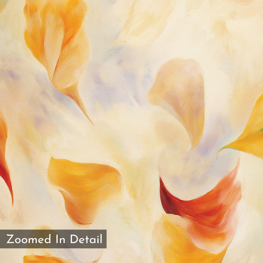 A zoomed-in detail of the Floating Petals Canvas Art - Square shows curved, petal-like shapes in warm yellow, orange, and red tones on a soft background, with a "Zoomed In Detail" label in the lower left corner.