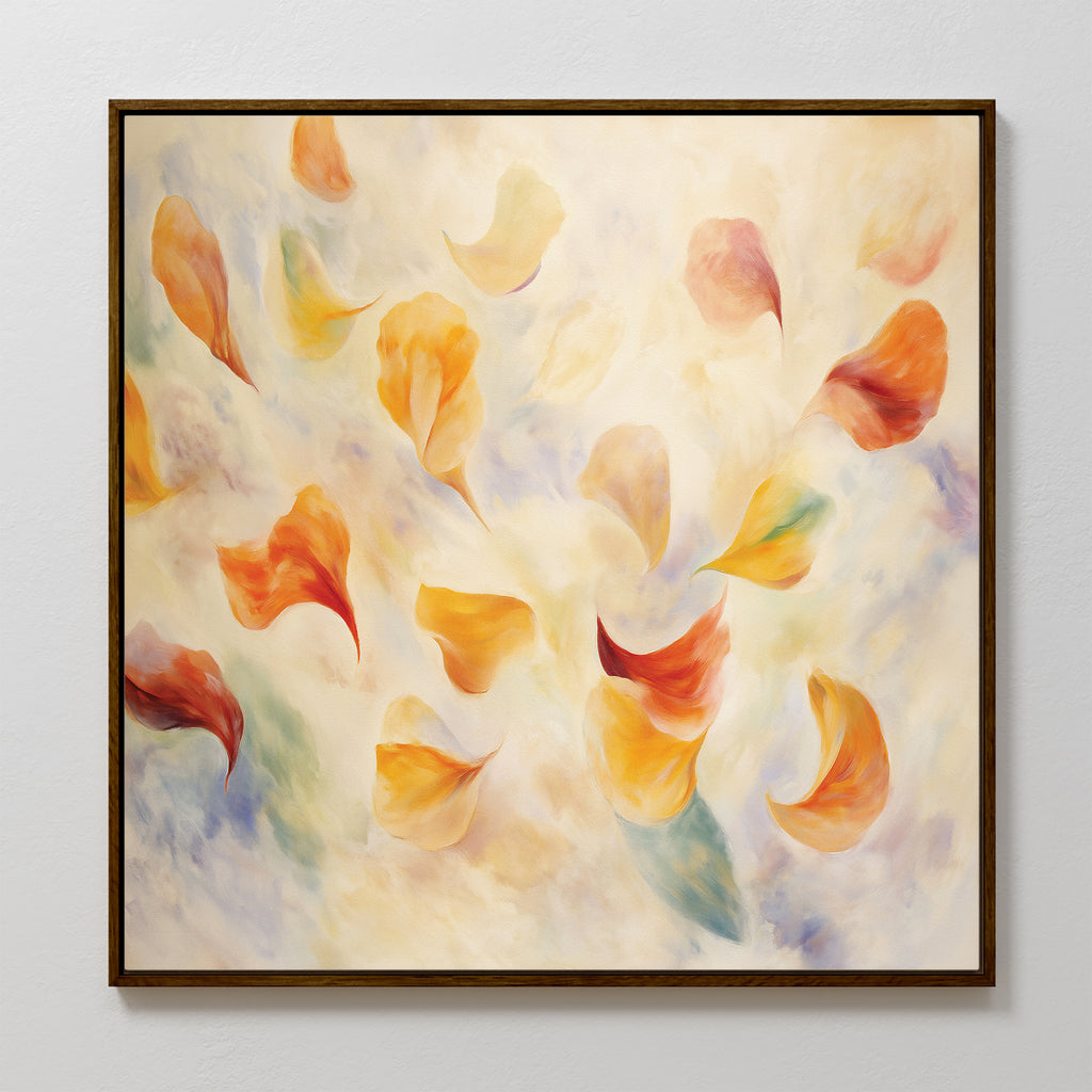 The Floating Petals Canvas Art - Square showcases orange, yellow, and red petals drifting gracefully against a light background with blue and pale purple accents, creating an organically elegant look.