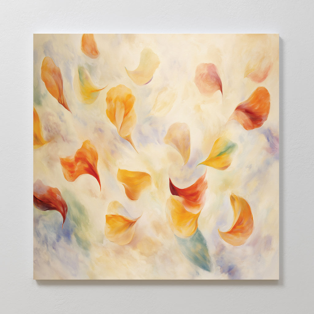 The Floating Petals Canvas Art - Square features swirling orange, yellow, and red petals on a soft background with blue and green accents, capturing organic elegance and gentle movement—perfect for brightening any space.