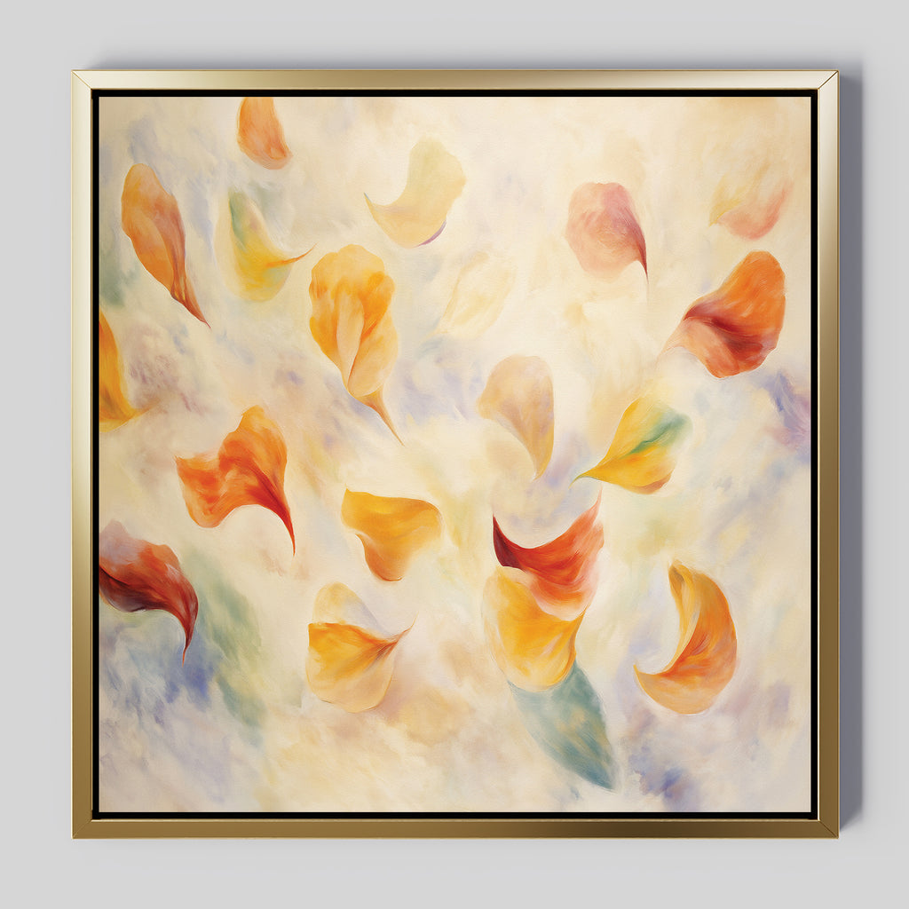 The Floating Petals Canvas Art - Square displays swirling abstract petals in orange, yellow, and red on a soft blue and cream background. Encased in a simple metallic gold frame, it brings organic elegance to any space.