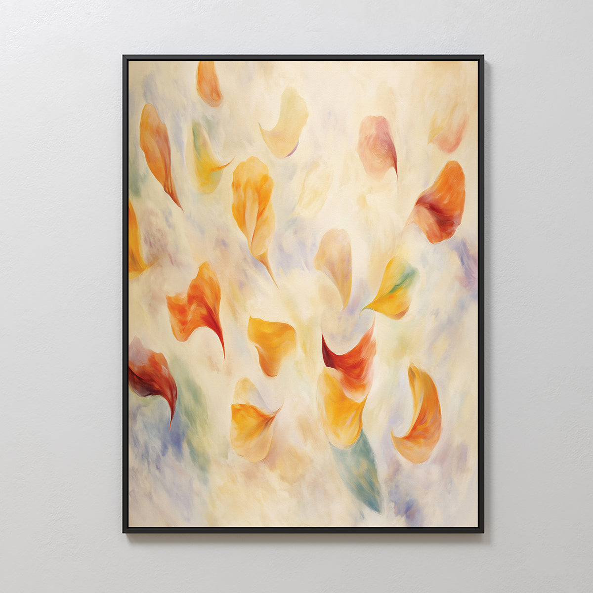 The Floating Petals Canvas Art - Vertical displays swirling shapes in orange, yellow, and green on a soft backdrop, evoking organic elegance and the look of drifting petals or leaves.